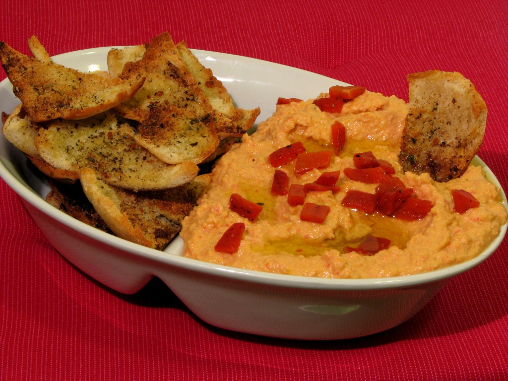 Red Pepper Hummus, Roasted Red Peppers, Pita Chips, Chickpeas