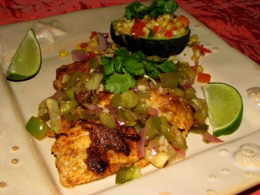 Tilapia with Tomatillo Sauce and Avocados with Creamy Corn and Peppers