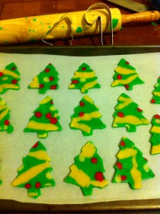 Cut cookies, Christmas tree cookies, colored dough