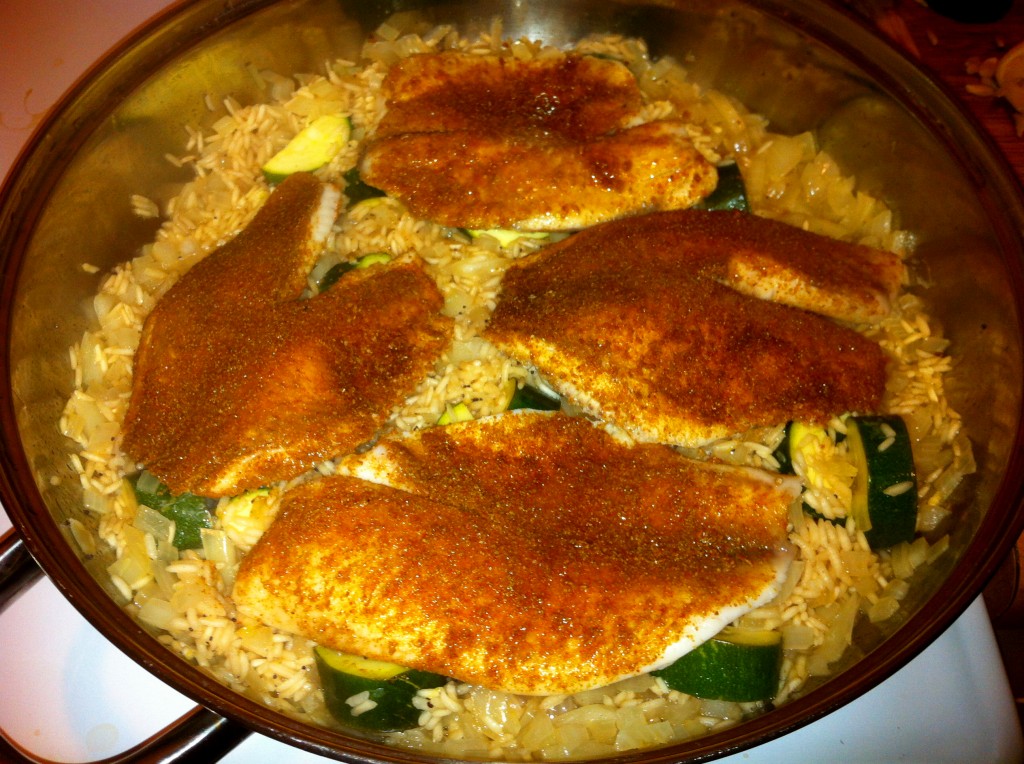Coriander Fish with Lemon Rice, Spice-rubbed fish, Lemon, Zucchini, Rice, Tilapia, Dinner, Weeknight dinner, spice mix