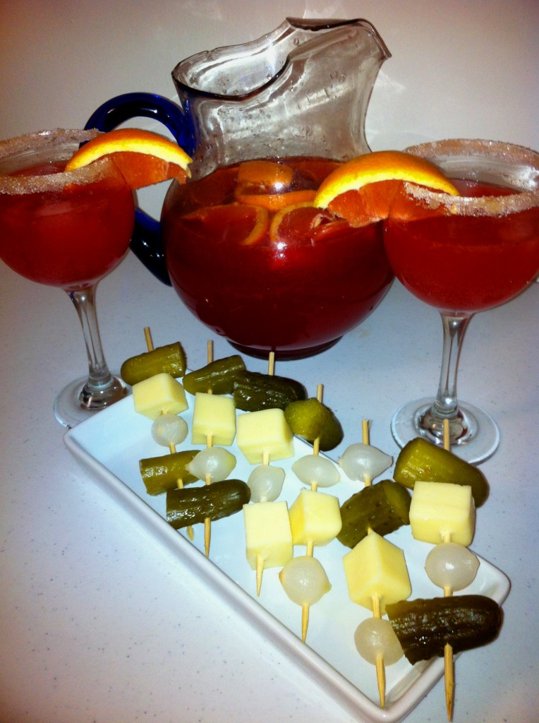 Sparkling Red Wine Cocktails, Cheddar Cheese, sweet pickles, cocktail onions, pickled onions, skewers
