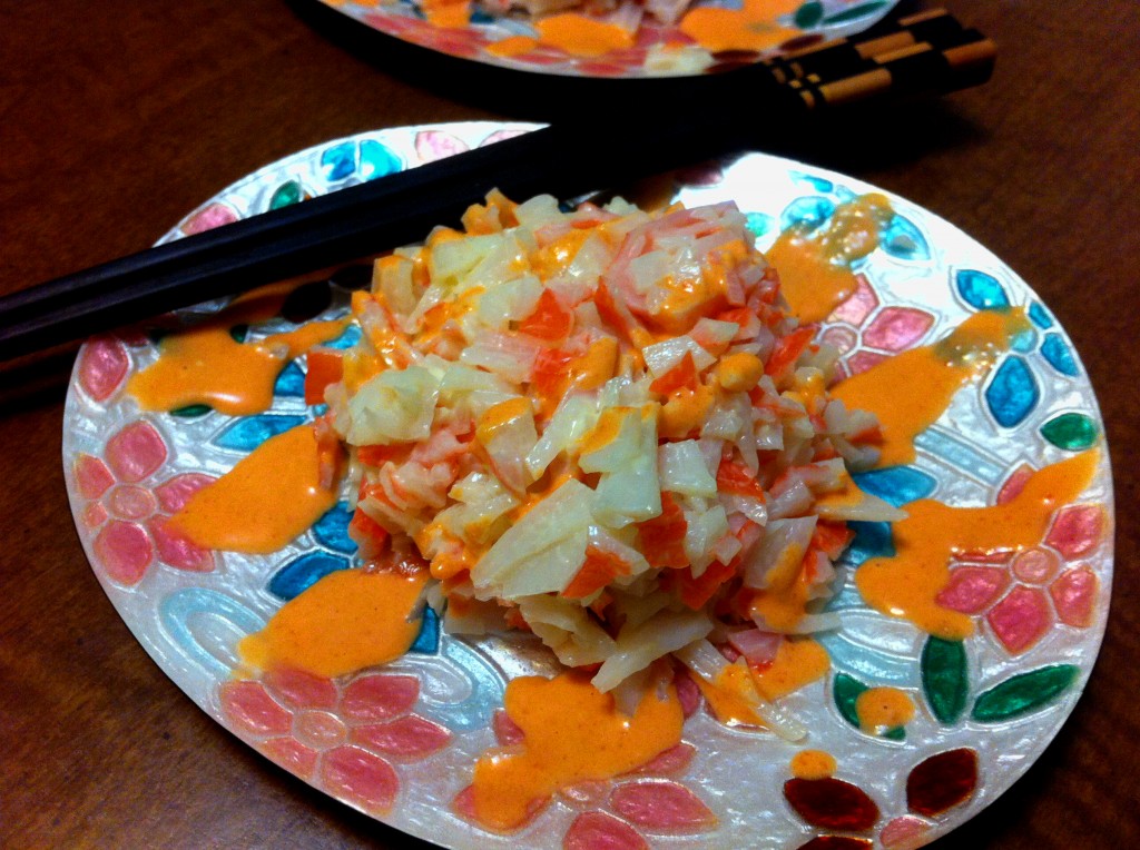 krab salad, imitation krab, crab salad, Japanese mayo, spicy mayo, sriracha