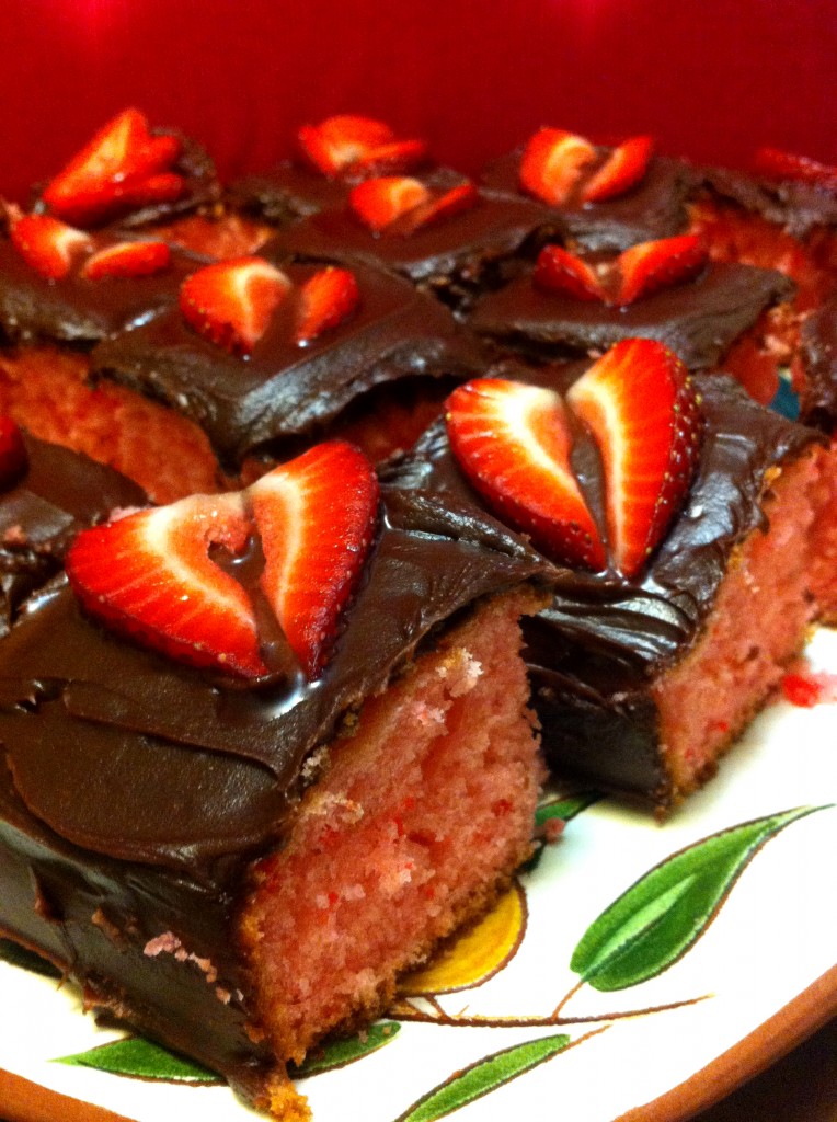 Strawberry Cake, Chocolate fudge frosting, strawberries, strawberry hearts, romantic cake