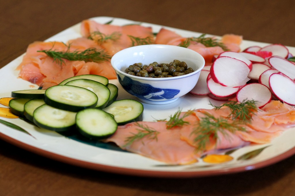 Lox Platter with Capers, Radishes and Cucumber Slices, and Fresh Dill