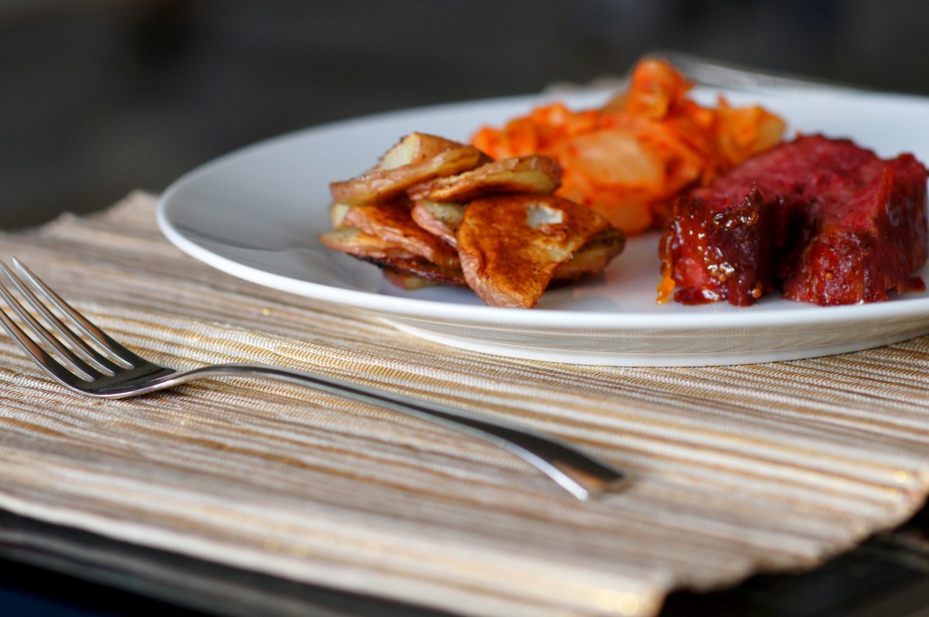 Apricot-Glazed Corned Beef with Kimchi and Potato Crisps 