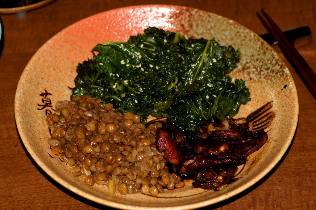 Canal House Lentils, teriyaki shiitake mushrooms, and kale