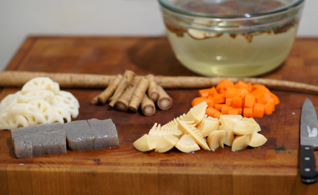 Lotus Root, Burdock Root, Carrots, Bamboo shoots, and Devil’s Tongue Jelly