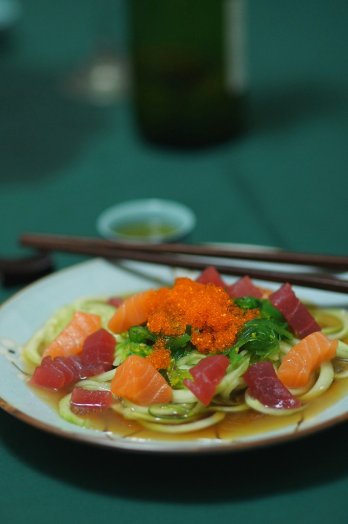 Sashimi, Cucumber, and Seaweed Salad with Ponzu Sauce and Green Tea