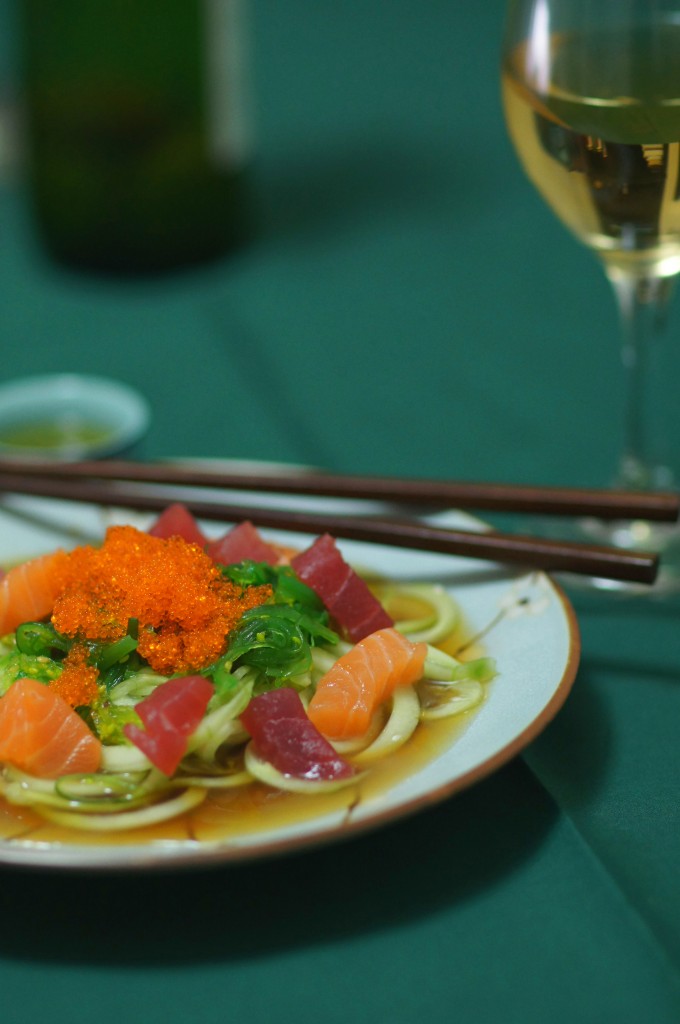 Tuna and Salmon Sashimi Salad with Choya Japanese Plum Wine (Umeshu)