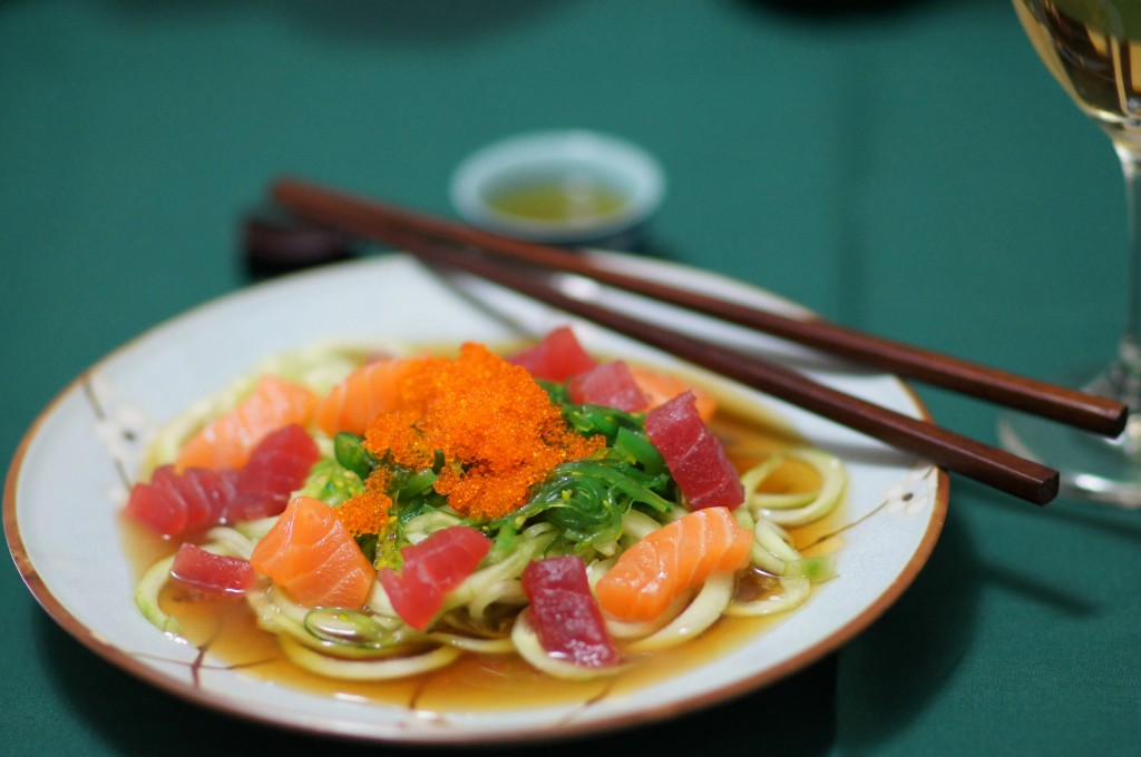 Tuna and Salmon Sashimi, Seaweed, and Cucumber Salad with Ponzu Sauce