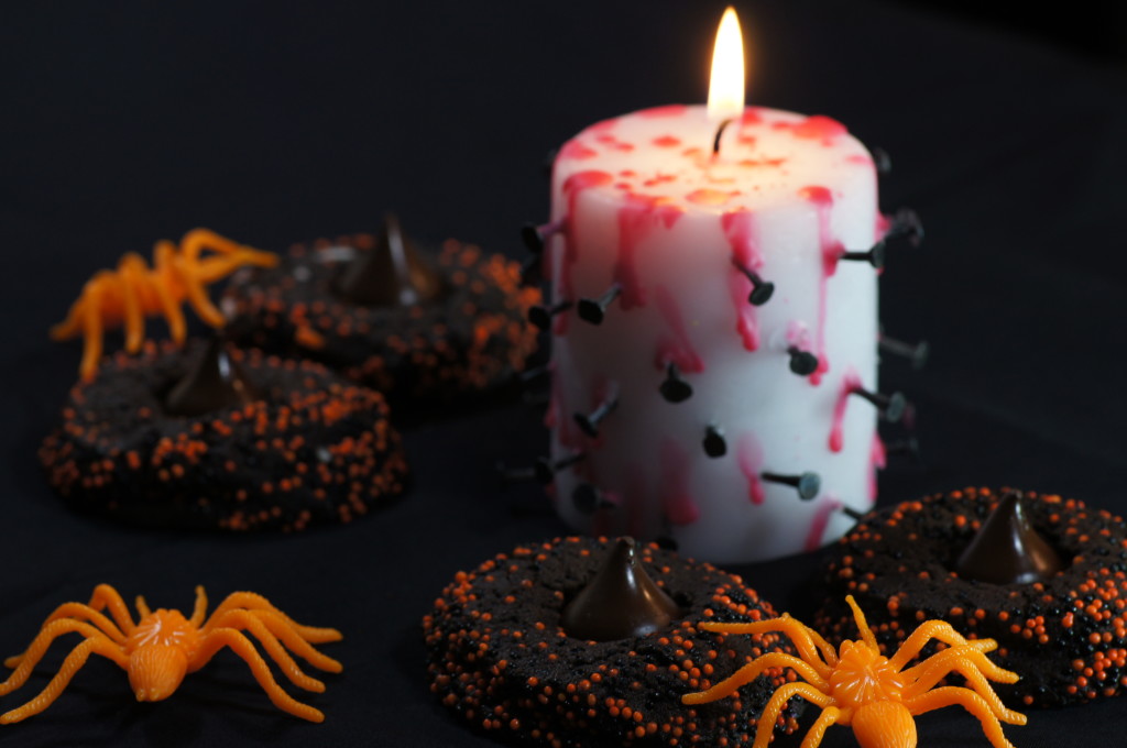 Halloween Chocolate Sprinkle Cookies with Bleeding Candle and Spiders