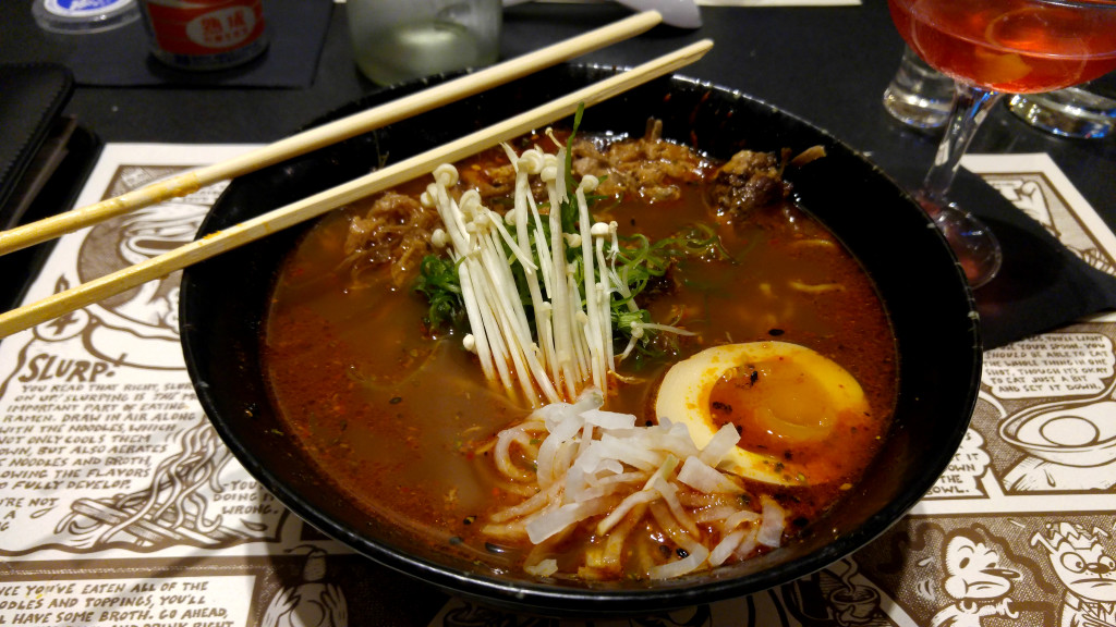 Spicy Pulled Pork Paitan Ramen with Soy Egg, Enoki, Pickles, and Scallions