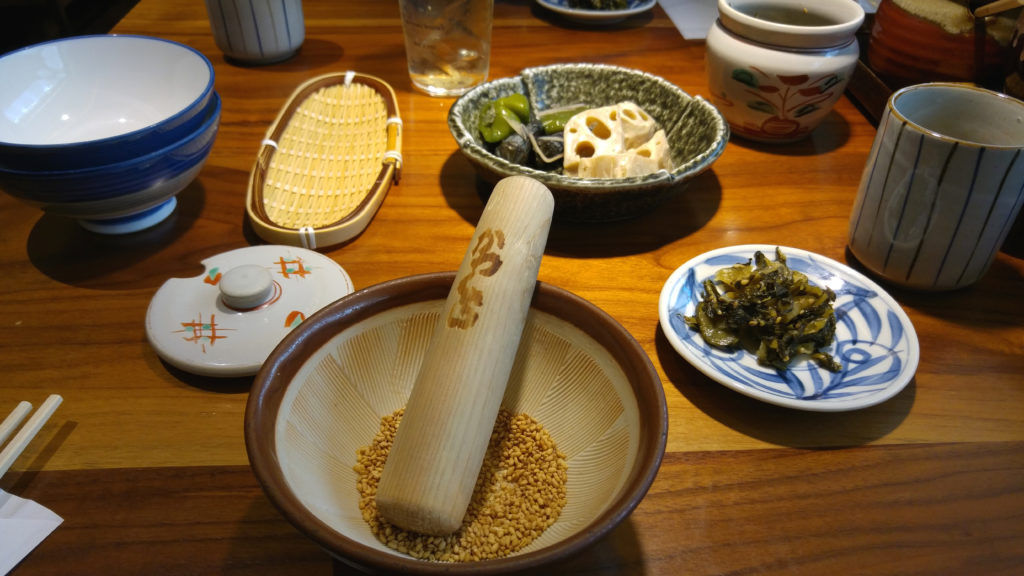 Roasted Sesame Seeds in Mortar and Pestle at Katsukura Restaurant