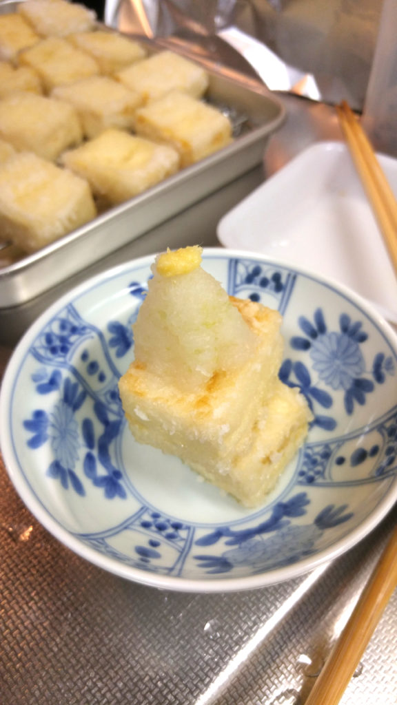 Agedashi Tofu with Daikon Radish and Ginger (before the sauce is added)