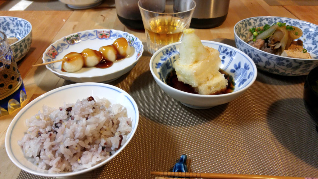Mitarashi Dango, Barley Tea, Agedashi Tofu, and Rice