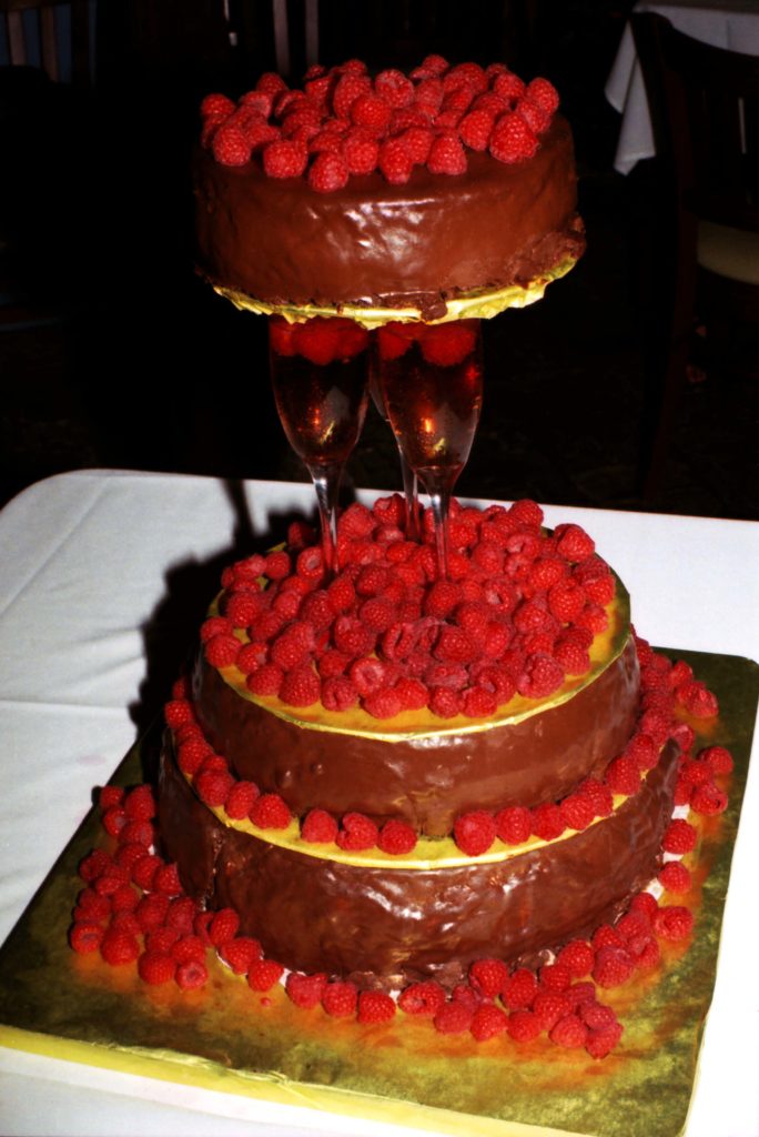 My Chocolate Raspberry Truffle Wedding Cake with Champagne Flutes 