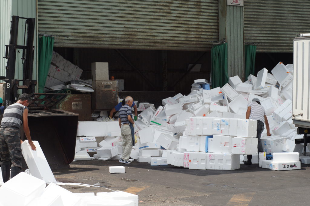 Workers Recycling Styrofoam Containers at Tsukiji Market