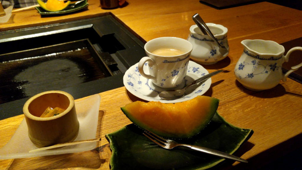 Coffee with Cream and Sugar, Cantaloupe, and Mochi