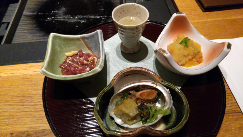 Raw Hokkaido Horsemeat, Summer Vegetables, Smoked Ezo Abalone with Jade Eggplant