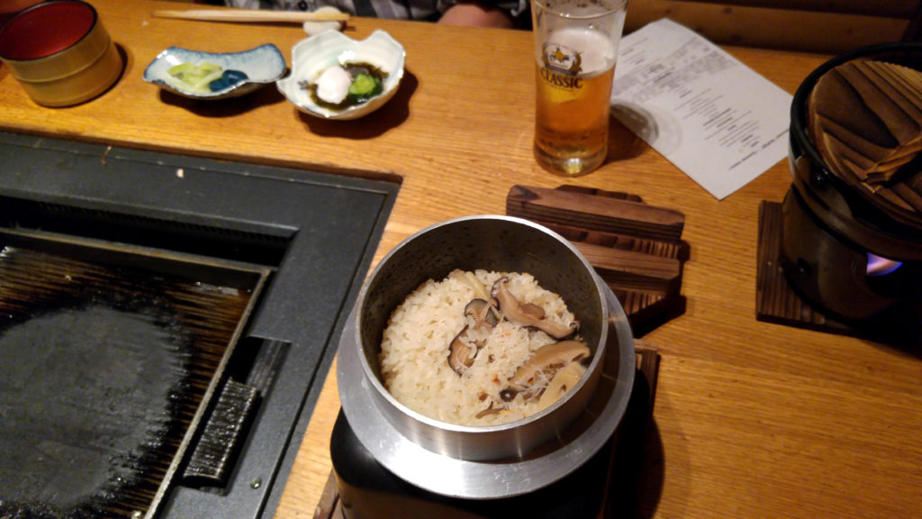 Rice with Crab and Mushrooms, Pickled Eggplant and Celery, Simmering Hotpot