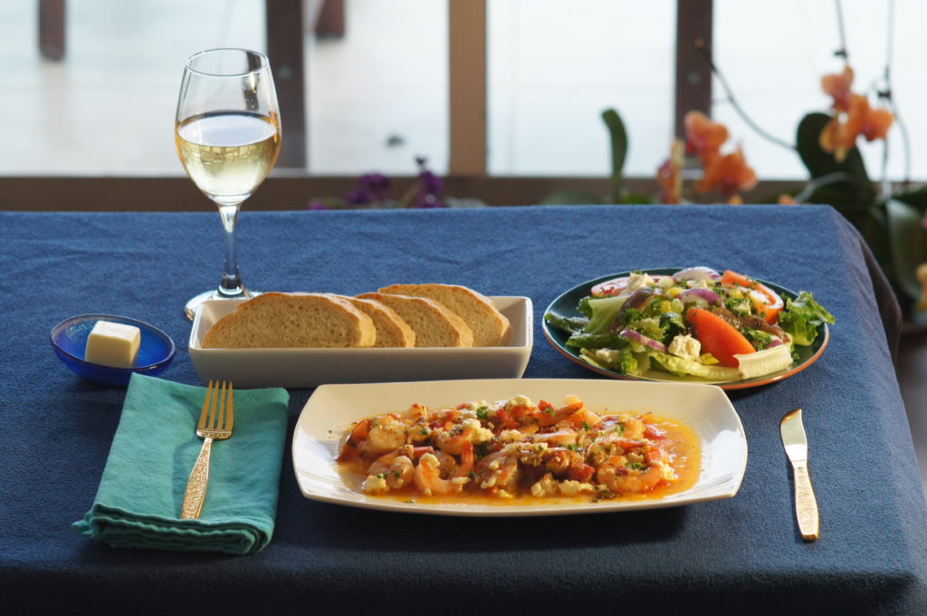 Baked Prawns, Greek Salad, and Fresh Bread with Butter