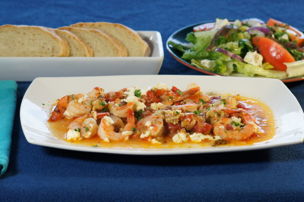 Baked Prawns in Tomato Sauce with Feta (Garithes Yiouvetsi) 
