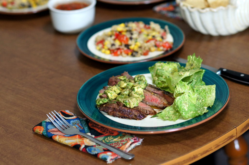 Churrasco Skirt Steak with Avocado-Chimichurri Sauce and Mexican Cesar Salad 