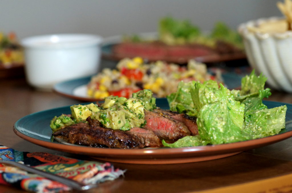 Churrasco with Avocado-Chimichurri Sauce and Mexican Cesar Salad 