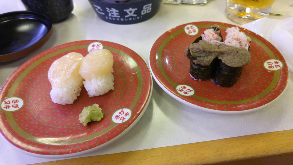 Scallop Nigiri and Boiled Crab and Crab Butter Gunkan at Hamazushi